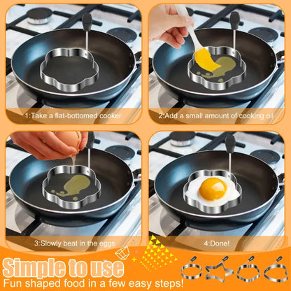 Step-by-step guide for using stainless steel egg molds to create fun-shaped eggs in a frying pan.