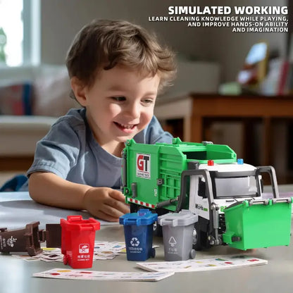 Smiling child with garbage truck toy and recycle bins for educational waste sorting activity.