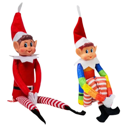 Two elf dolls sitting - traditional red and rainbow-sleeved versions side by side