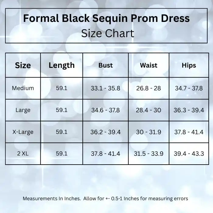 Detailed size chart in Inches for the sequin mermaid dress, showing measurements for bust, waist, hips, and length. 