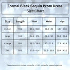 Detailed size chart in Inches for the sequin mermaid dress, showing measurements for bust, waist, hips, and length. 