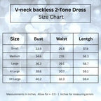 Detailed size chart for the V-neck backless two tone dress. Find your perfect fit using bust, waist, and length measurements before you buy this elegant evening dress.