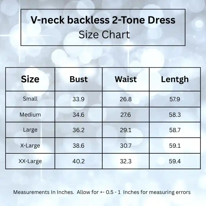 Detailed size chart for the V-neck backless two tone dress. Find your perfect fit using bust, waist, and length measurements before you buy this elegant evening dress.