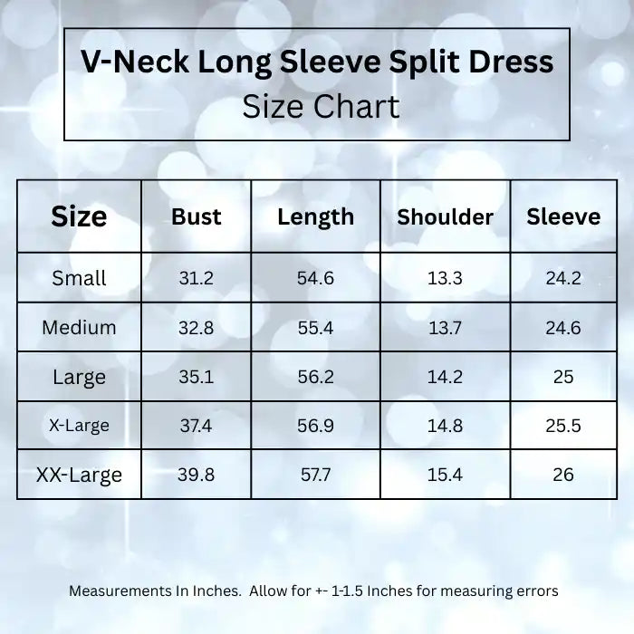 Size chart for V-neck long sleeve maxi dress, showing bust, length, shoulder, and sleeve measurements.