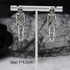  Silver skeleton earrings pair on display stand with dangling body detail and size dimensions shown.