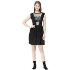 Skeleton Halloween costume with short black dress and printed rib cage design.