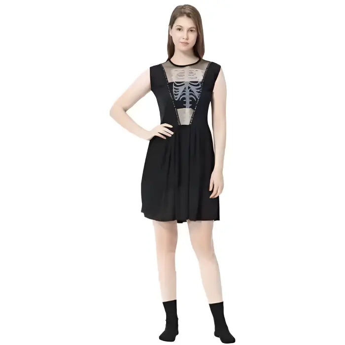 Skeleton Halloween costume with short black dress and printed rib cage design.