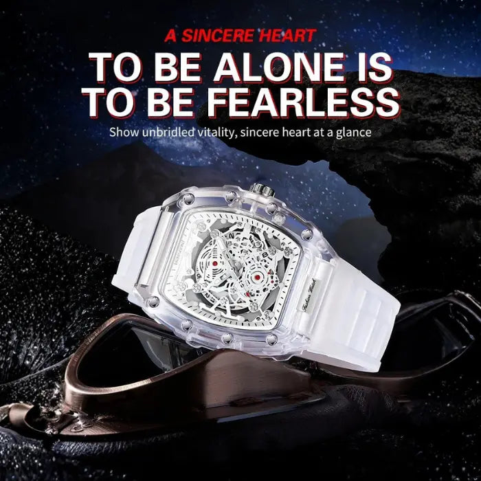 Skeleton-style mechanical wristwatch with white strap showcased in a dramatic outdoor adventure scene.