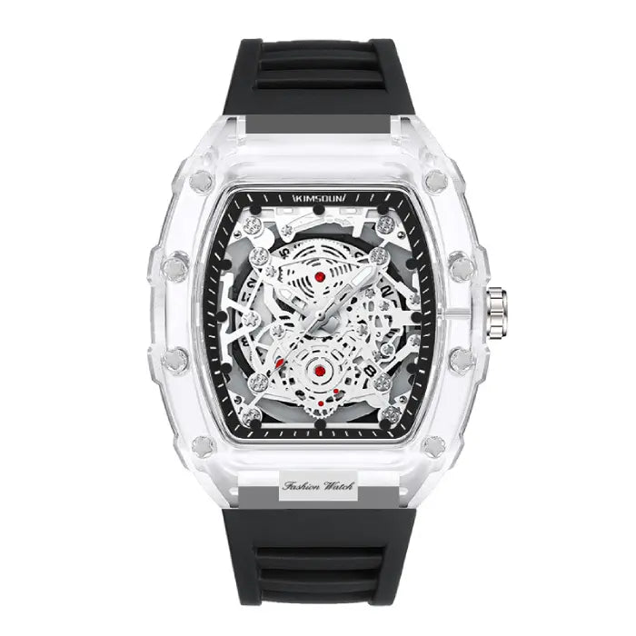 Skeleton-style mechanical wristwatch with black strap and transparent case featuring exposed gears.