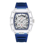 Skeleton-style mechanical wristwatch with blue strap and transparent case highlighting exposed inner movement.