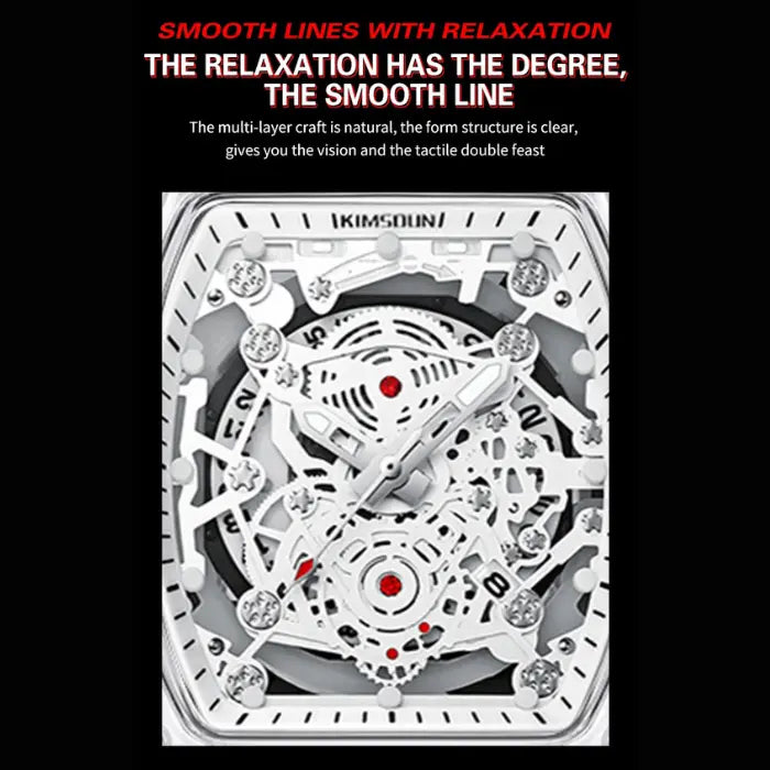 Close-up of skeleton-style mechanical wristwatch showing intricate exposed gears and red accents.