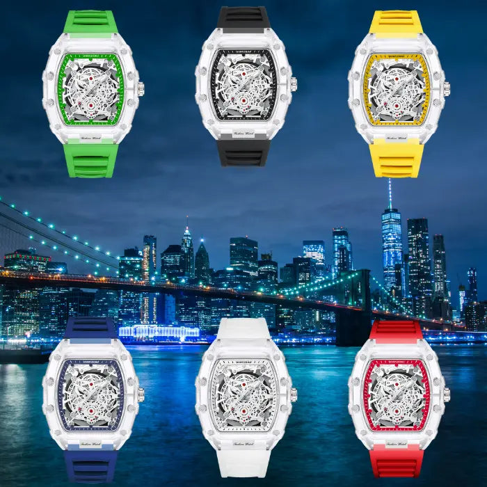 Skeleton-style mechanical wristwatch collection in multiple colors displayed against a city skyline background.
