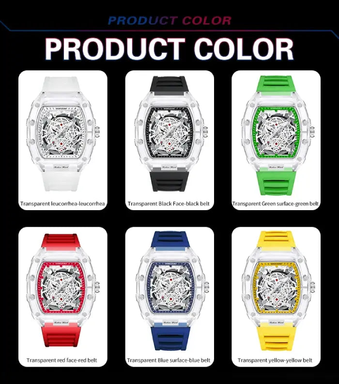 Skeleton-style mechanical wristwatch color options including white, black, green, red, blue, and yellow.