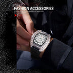 Skeleton-style mechanical wristwatch with clear case and black strap shown as a trendy fashion accessory.
