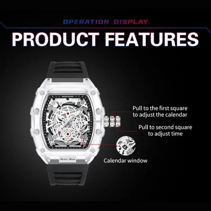 Skeleton-style mechanical wristwatch showing feature guide for adjusting time and calendar with labeled crown.