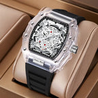 Skeleton-style mechanical wristwatch with black strap displayed in a luxury gift box.