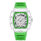 Skeleton-style mechanical wristwatch with green strap and transparent case showcasing exposed gears.