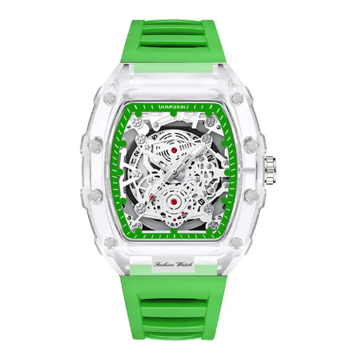 Skeleton-style mechanical wristwatch with green strap and transparent case showcasing exposed gears.