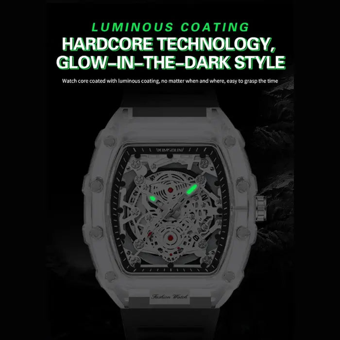Skeleton-style mechanical wristwatch with luminous glow-in-the-dark markers on a dark background.