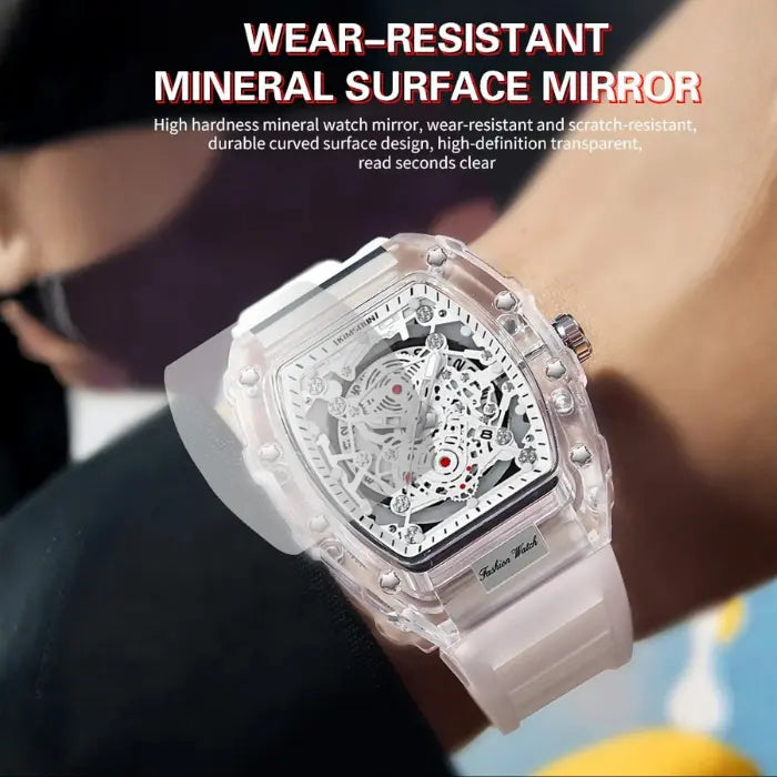 Skeleton-style mechanical wristwatch with mineral surface mirror and transparent case for scratch resistance.