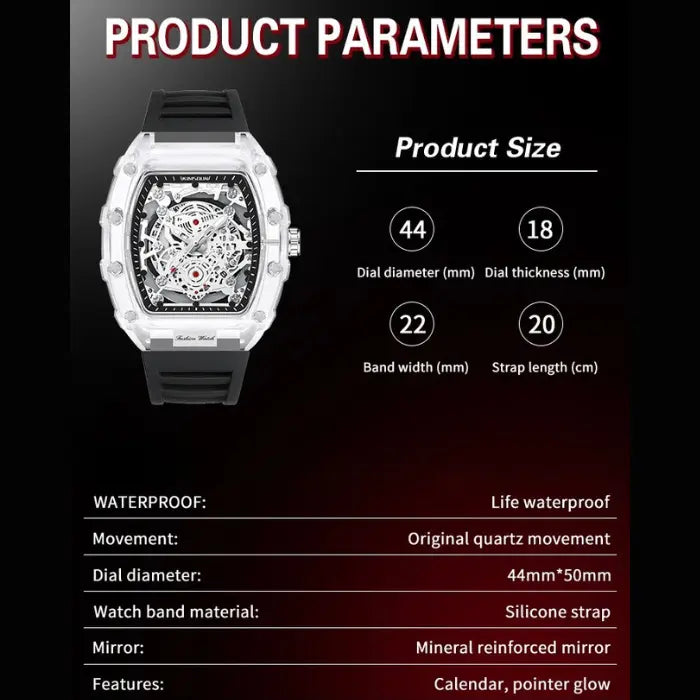 Skeleton-style mechanical wristwatch with black strap shown alongside detailed product parameters.