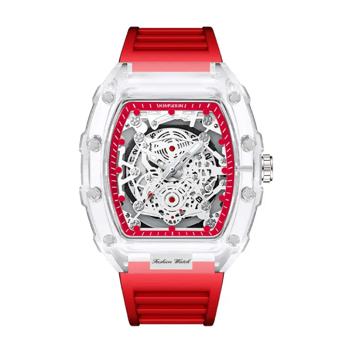 Skeleton-style mechanical wristwatch with red strap and transparent case highlighting exposed mechanics.