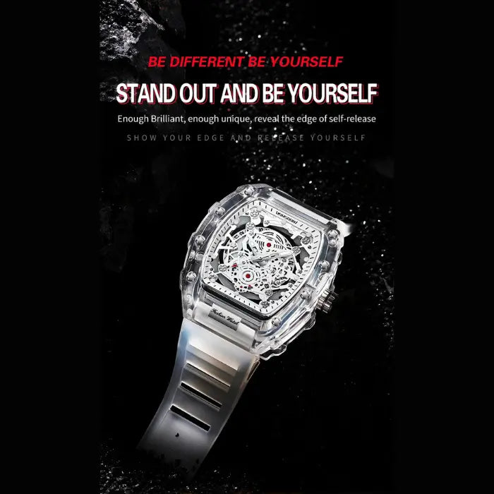 Skeleton-style mechanical wristwatch with transparent case and white strap highlighted in a dramatic setting.