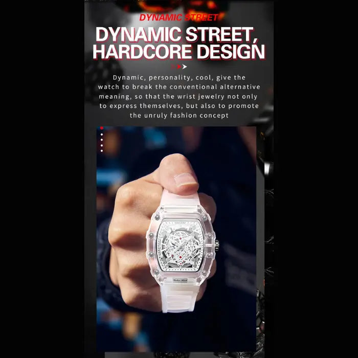 Skeleton-style mechanical wristwatch worn in a street-style setting with transparent case and white strap.