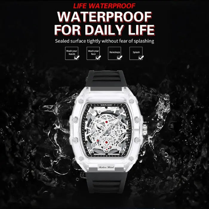 Skeleton-style mechanical wristwatch with black strap shown in water to highlight daily waterproof design.