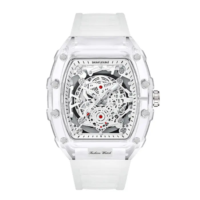 Skeleton-style mechanical wristwatch with white strap and clear case showcasing detailed mechanical movement.