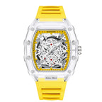 Skeleton-style mechanical wristwatch with yellow strap and transparent case displaying exposed movement.