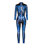 Skelleton BodySuit Halloween Custome in electric blue with glowing bone print and smoky effect