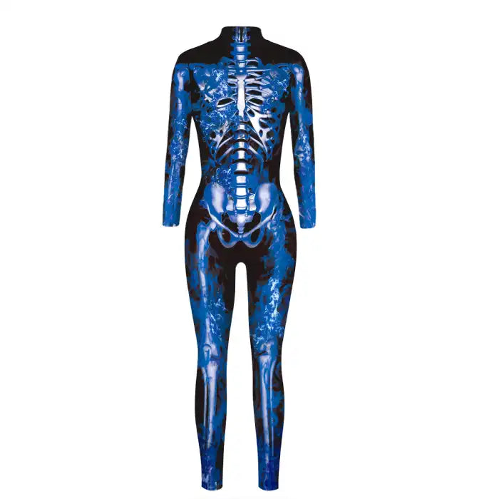 Skelleton BodySuit Halloween Custome in electric blue with glowing bone print and smoky effect