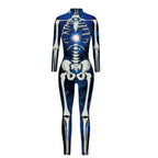 Skelleton BodySuit Halloween Custome featuring white bones over a galaxy blue print with moon at chest