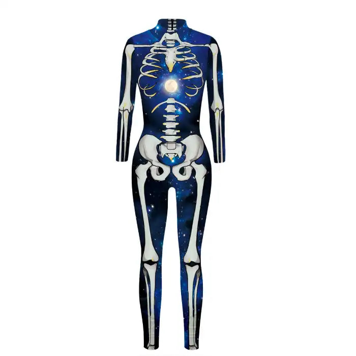 Skelleton BodySuit Halloween Custome featuring white bones over a galaxy blue print with moon at chest