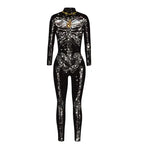 : Skelleton BodySuit Halloween Custome in black with glitter bones and gold anatomical heart at chest