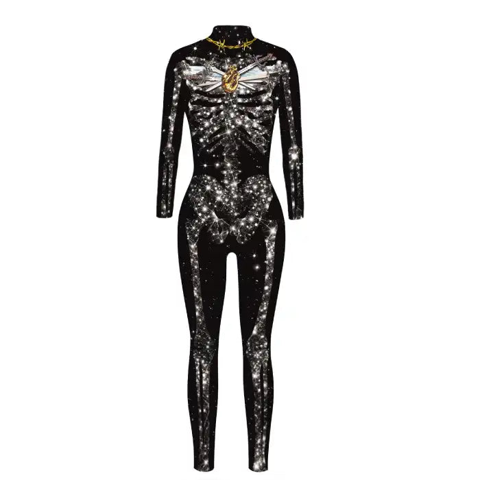 : Skelleton BodySuit Halloween Custome in black with glitter bones and gold anatomical heart at chest