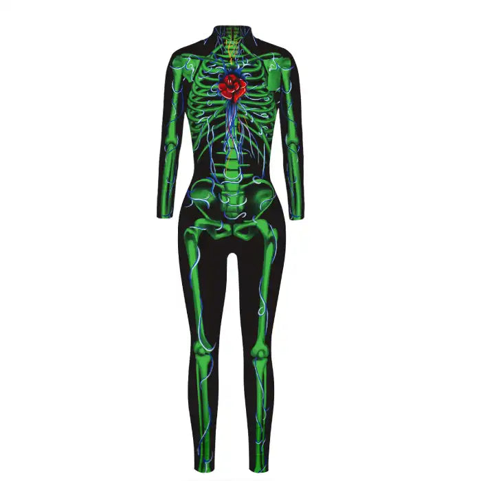 Skelleton BodySuit Halloween Custome with green skeleton, red heart, and blue veins on black fabric