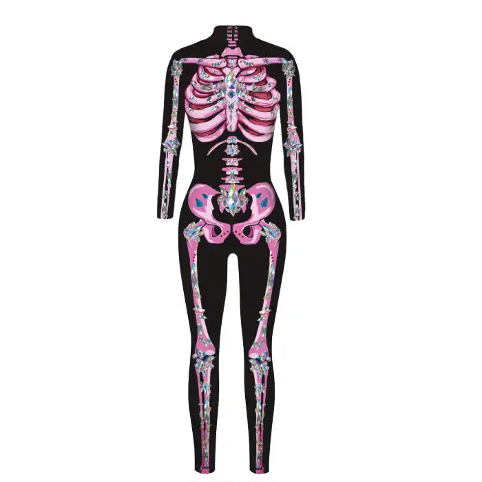 Skelleton BodySuit Halloween Custome with pink bones and jewel accents over black base