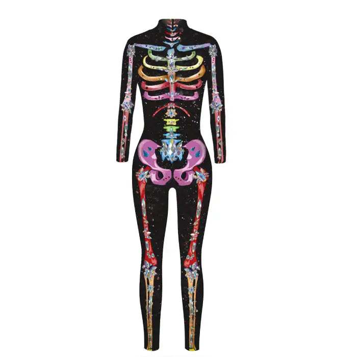 Skelleton BodySuit Halloween Custome with colorful rainbow bones on black background and galaxy pattern