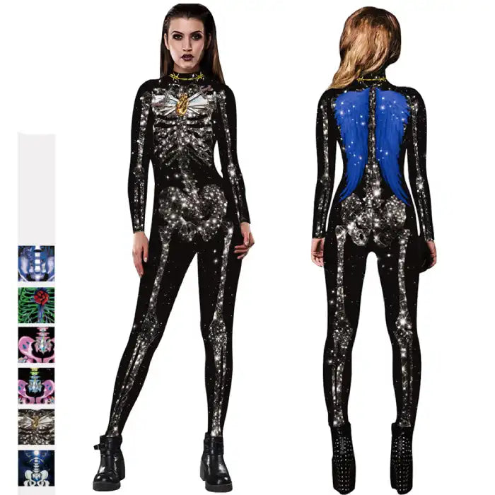 Skelleton BodySuit Halloween Custome in black with glowing bones and blue wings, front and back view