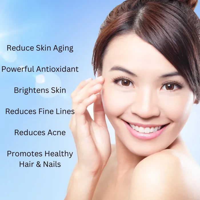 Skincare benefits infographic showing six key advantages of L-glutathione supplements