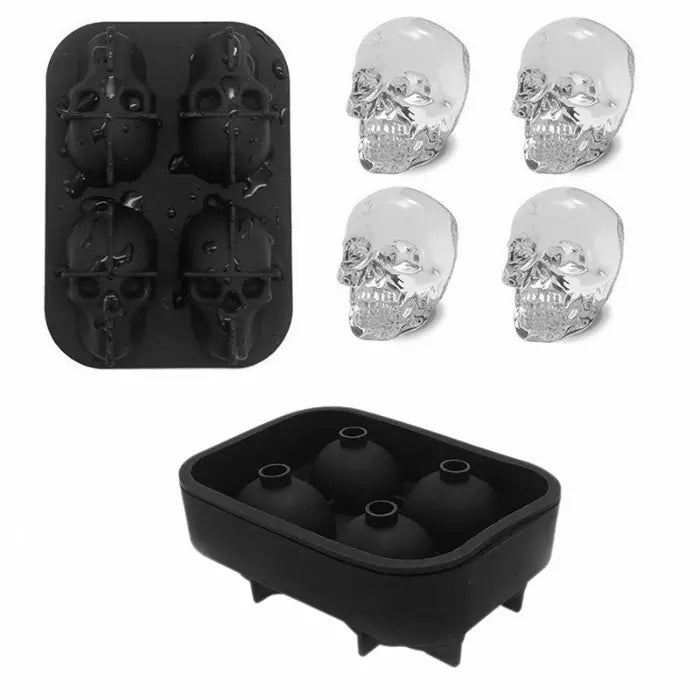 Skull ice cube mold tray with four formed ice skulls and open mold displayed side by side.