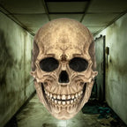 Frontal view of skull mask with deep eye sockets in dimly lit, grungy hallway.