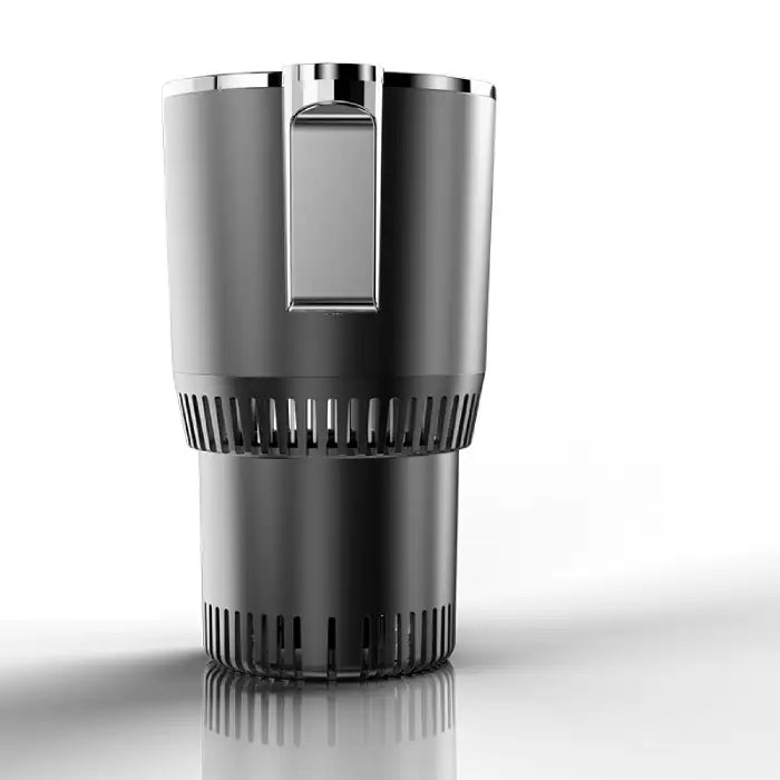 Car Heating Cooling Cup Holder in sleek black with modern vented design and metallic accent handle.