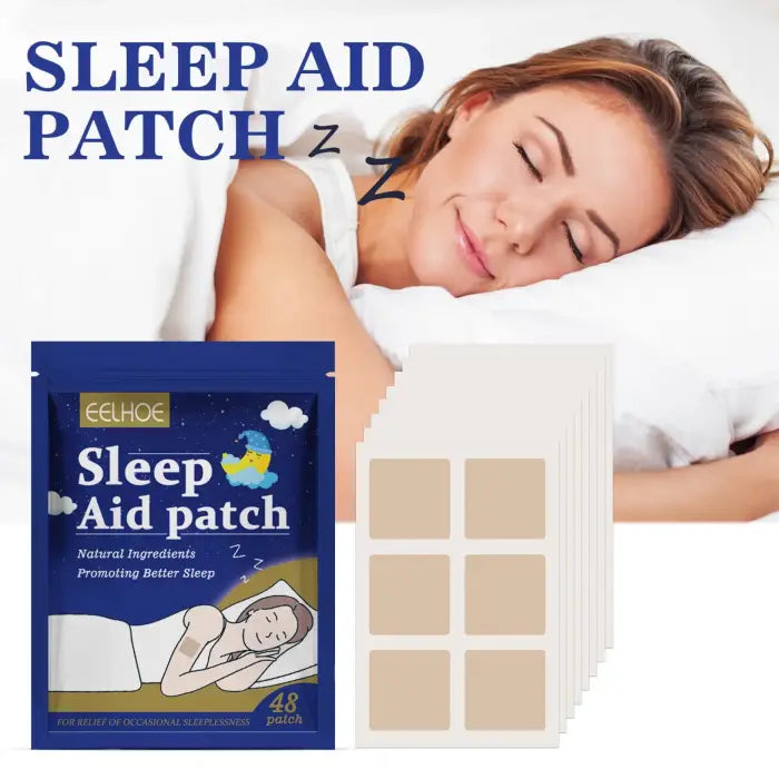 Sleep aid patches for restful sleep showing a woman sleeping peacefully with product packaging and patch sheets.