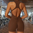 sleeveless yoga bodysuit in rich brown with stylish diamond cutout back design and ruched detailing for comfortable stretch