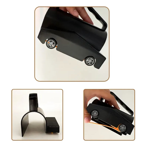 sliding wrapping paper cutter compact car-shaped base shown from three angles highlighting wheels and curved handle.
