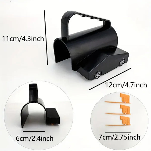 sliding wrapping paper cutter dimensions image showing 11cm x 12cm product size with three orange replacement blade flags.