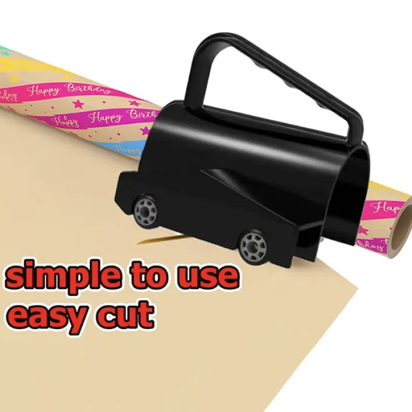 sliding wrapping paper cutter cutting colorful birthday wrap, demonstration showing simple to use, easy smooth cut.